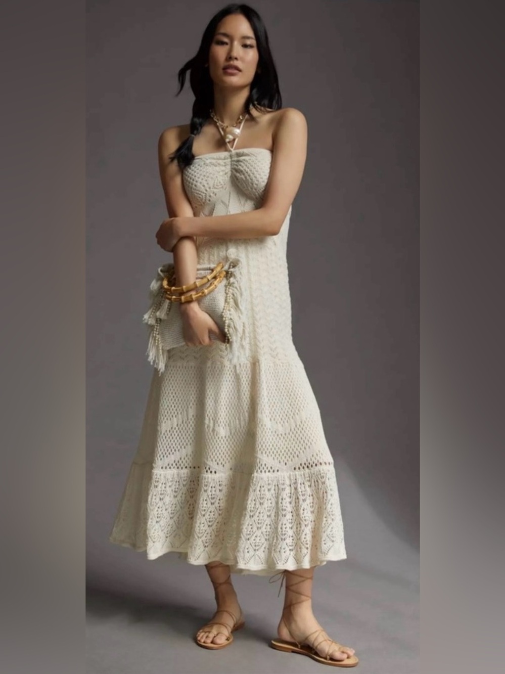 Anthropologie Strapless Crochet Maxi Dress in Cream